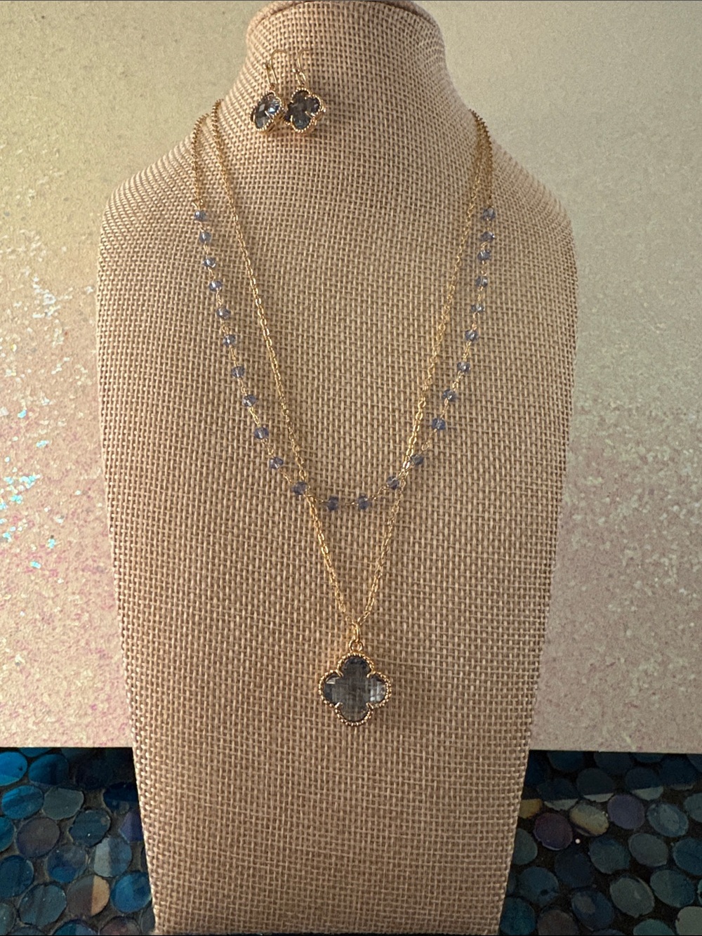 Gold-tone Layered Necklace and Earrings Set with Light Blue Quartz Accents